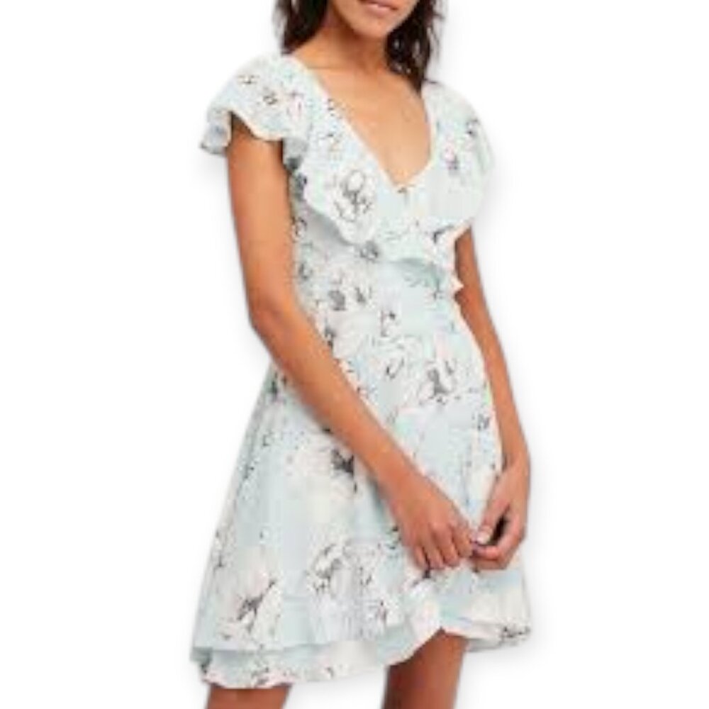 Free People Womens Blue Sz L French Quarter Mini‎ Floral Wrap Sleeveless Dress